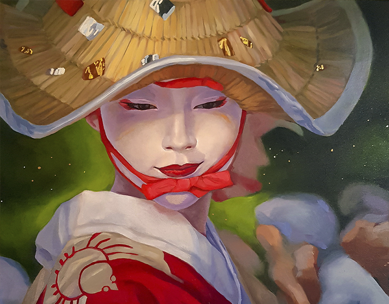 serie of 3 oil paintings about geisha