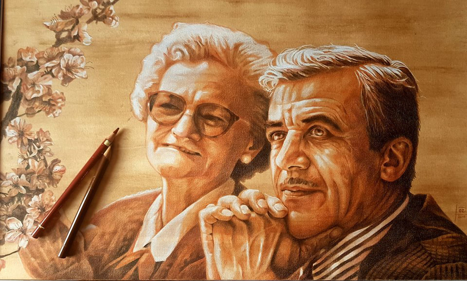 sepia pencils portrait of elderly people